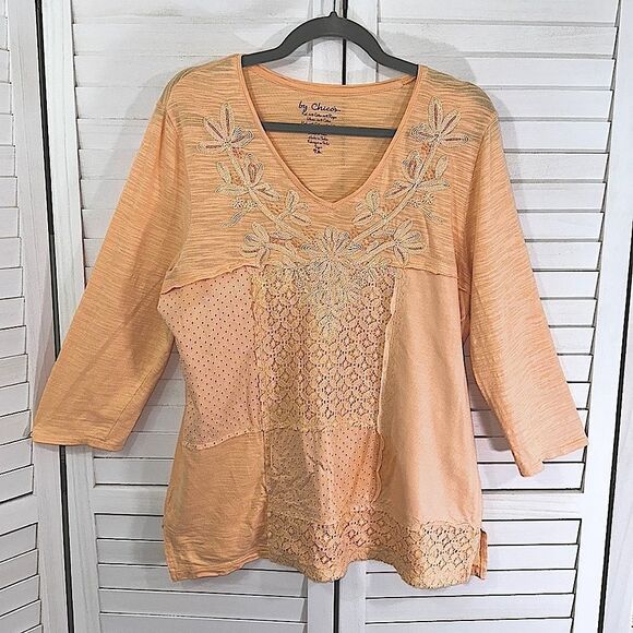 Chico's Slub Tee Size 1 (8) Medium Embroidered Lace Orange - Picture 4 of 13